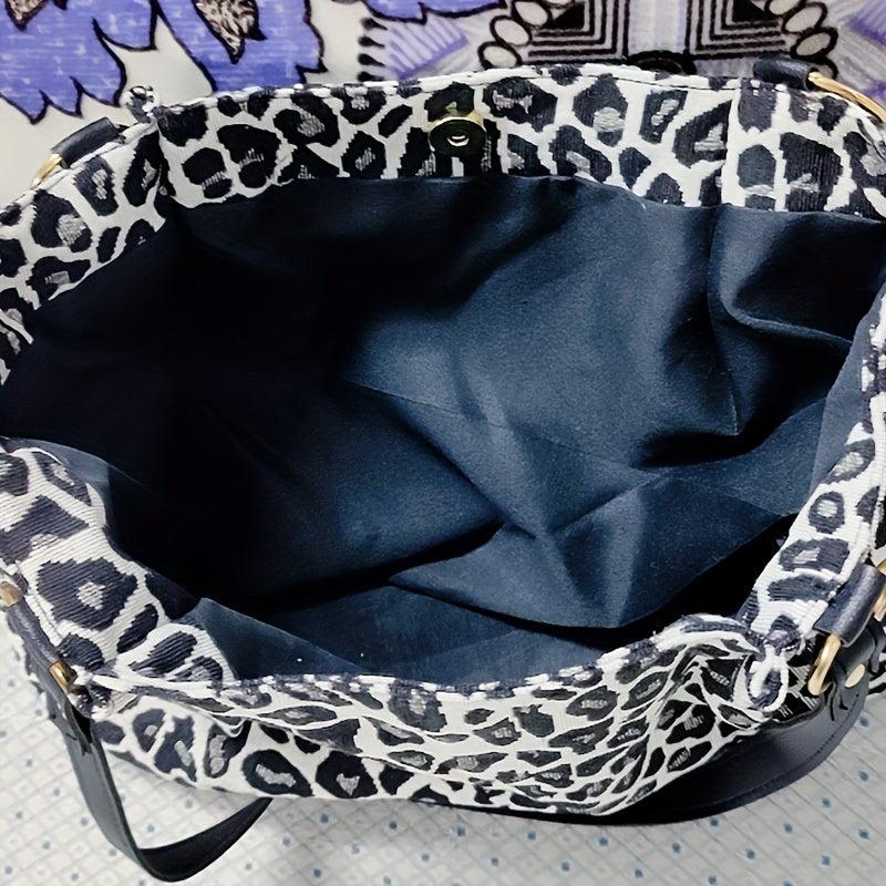 Leopard Pattern Canvas Tote Bag Chain Decor Shoulder Bag