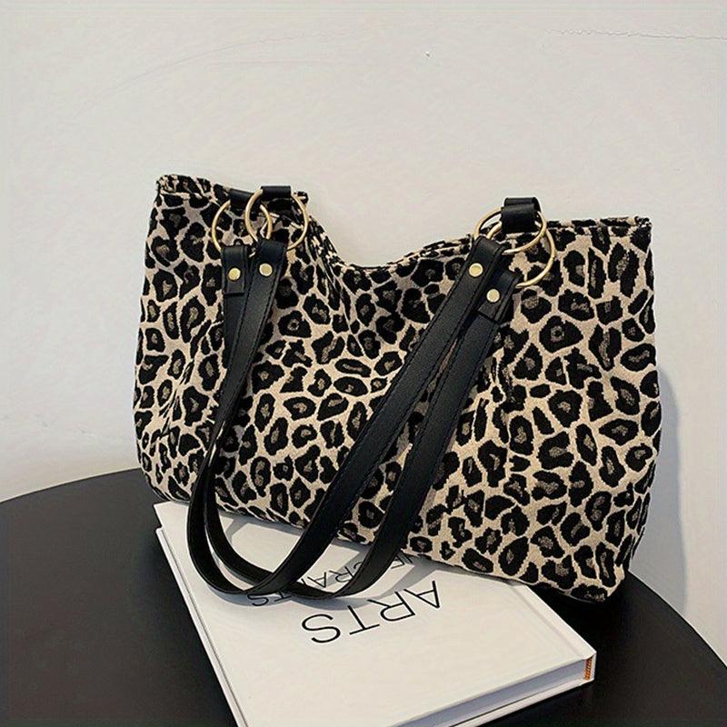 Leopard Pattern Canvas Tote Bag Chain Decor Shoulder Bag