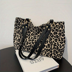 Leopard Pattern Canvas Tote Bag Chain Decor Shoulder Bag