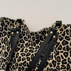 Leopard Pattern Canvas Tote Bag Chain Decor Shoulder Bag