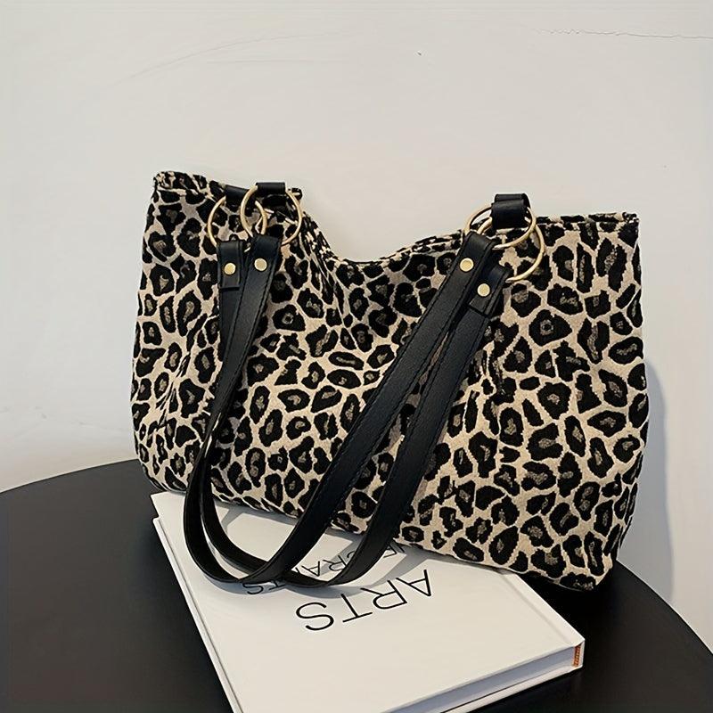 Leopard Pattern Canvas Tote Bag Chain Decor Shoulder Bag