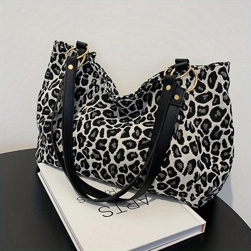 Leopard Pattern Canvas Tote Bag Chain Decor Shoulder Bag