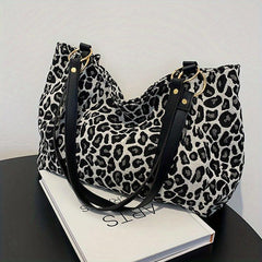 Leopard Pattern Canvas Tote Bag Chain Decor Shoulder Bag