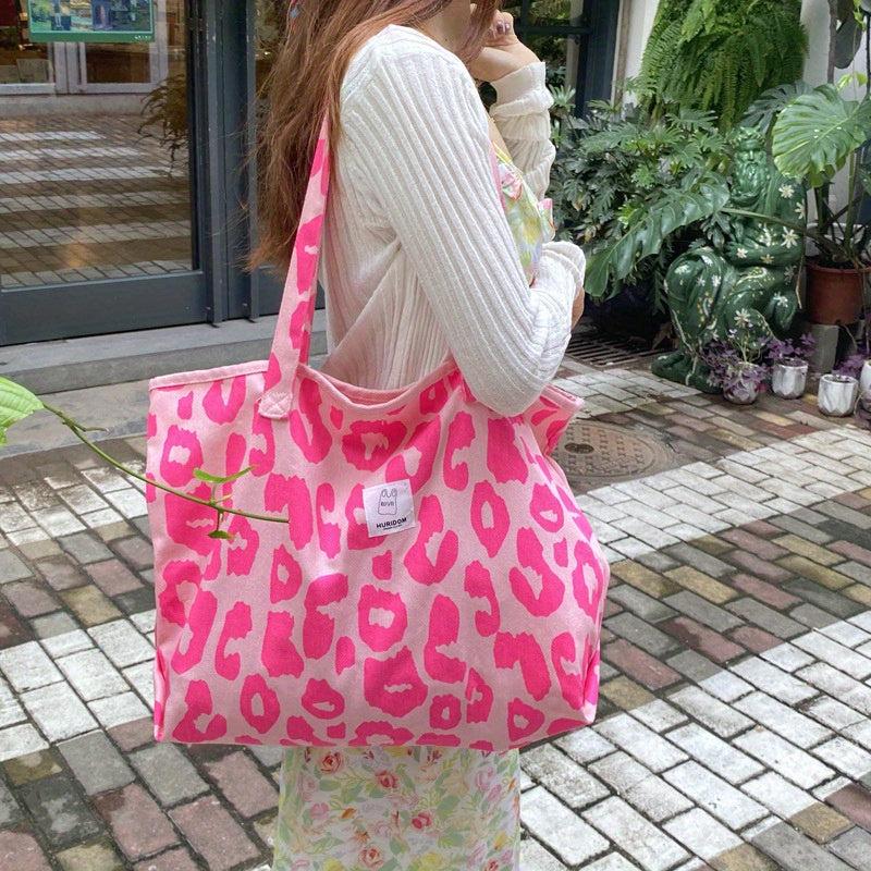 Leopard Pattern Canvas Tote Bag Durable Lightweight Shoulder Bag