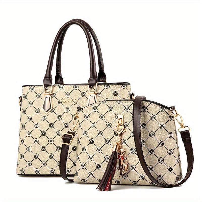 2pcs Retro Print Satchel Tote Bag Set Crossbody Bag