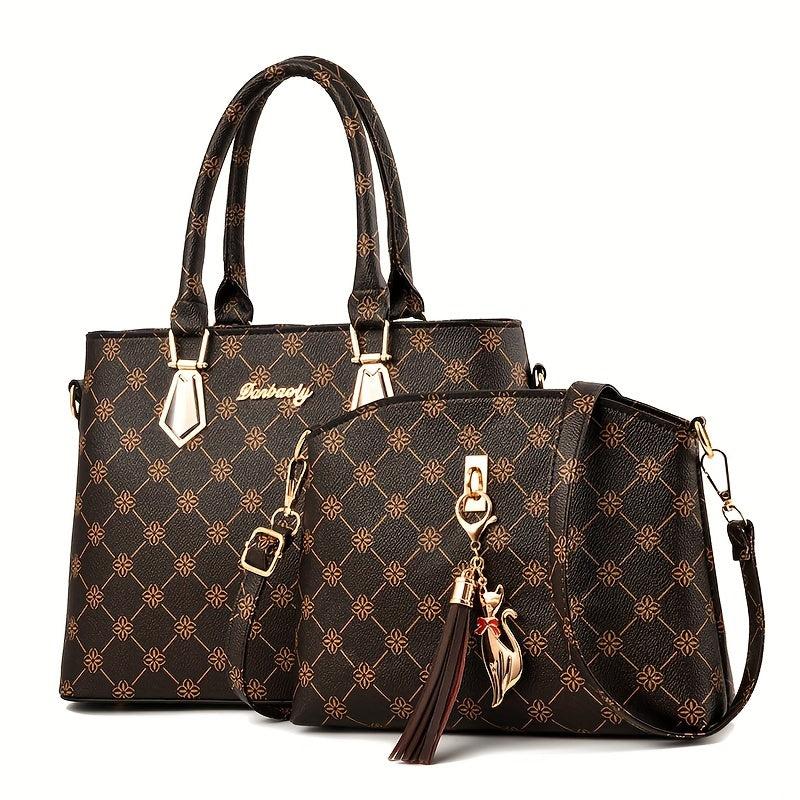 2pcs Retro Print Satchel Tote Bag Set Crossbody Bag