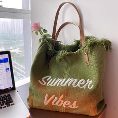 Letter Graphic Beach Bag Fringe Trim Canvas Tote Bag