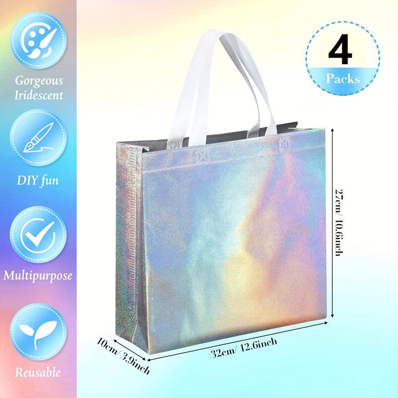 4 Reusable Gift Bags Laser Grocery Portable Shopping Tote Bags