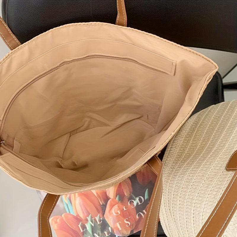 Straw Tote Shoulder Bag All Match Storage Bag Solid Woven Handbag