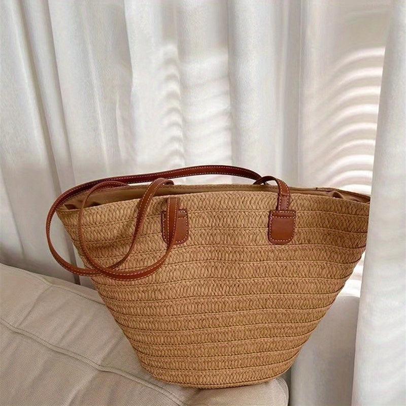Straw Tote Shoulder Bag All Match Storage Bag Solid Woven Handbag