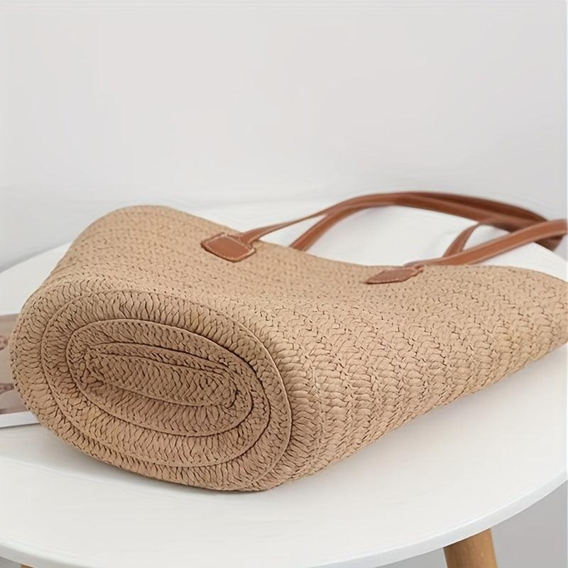 Straw Tote Shoulder Bag All Match Storage Bag Solid Woven Handbag