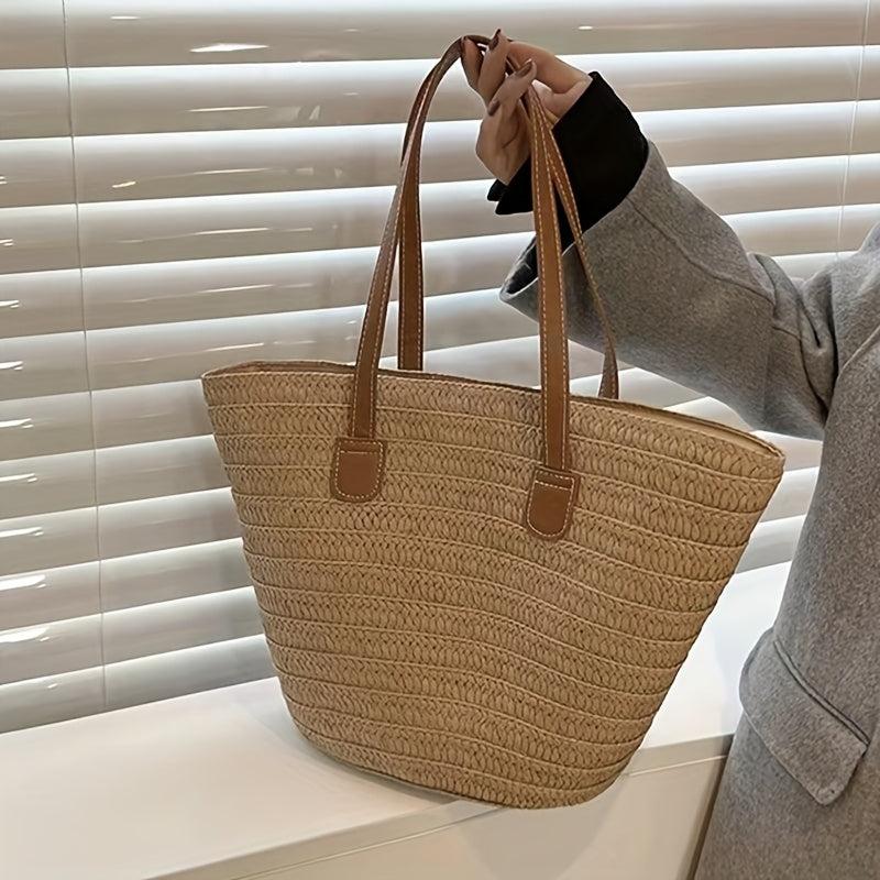 Straw Tote Shoulder Bag All Match Storage Bag Solid Woven Handbag