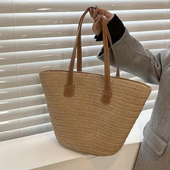 Straw Tote Shoulder Bag All Match Storage Bag Solid Woven Handbag