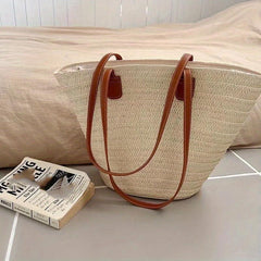 Straw Tote Shoulder Bag All Match Storage Bag Solid Woven Handbag