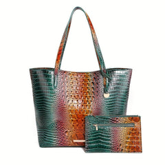 Crocodile Pattern Glossy Tote Bag With Clutch Purse