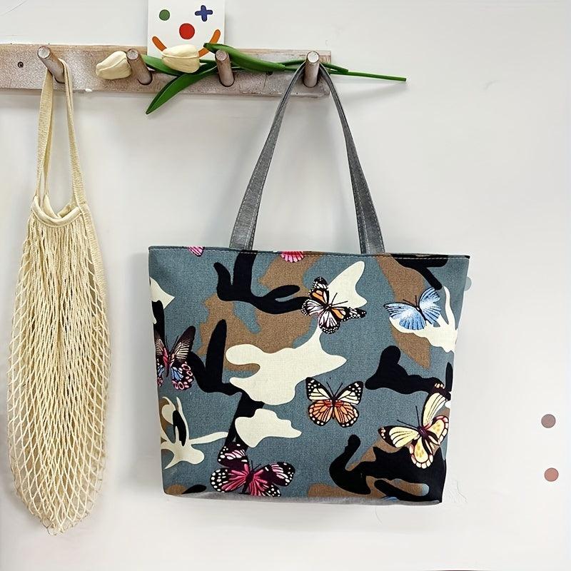 Butterfly Print Canvas Tote Bag Large Capacity Shoulder Bag