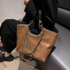 Large Capacity Faux Leather Tote Shoulder Bag with Zipper and Chain