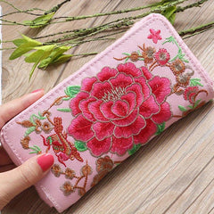 Ethnic Embroidered Long Wallet Zipper Around Purse Coin Purse