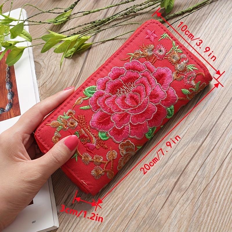 Ethnic Embroidered Long Wallet Zipper Around Purse Coin Purse