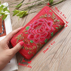 Ethnic Embroidered Long Wallet Zipper Around Purse Coin Purse