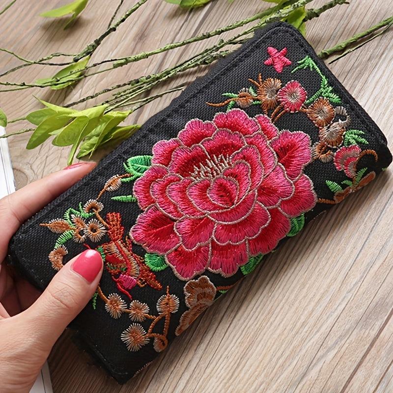 Ethnic Embroidered Long Wallet Zipper Around Purse Coin Purse