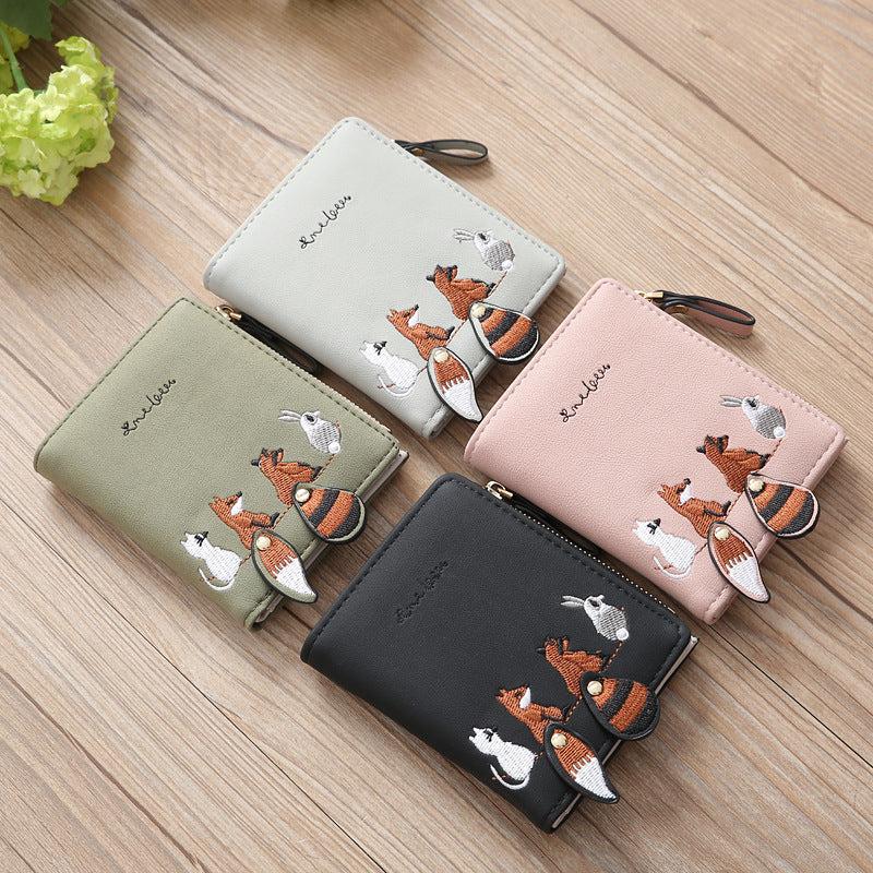 Fox Rabbit Embroidery Women Purse Short Wallet