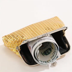 Sequin Kiss Lock Coin Purse Golden Fabric Bag