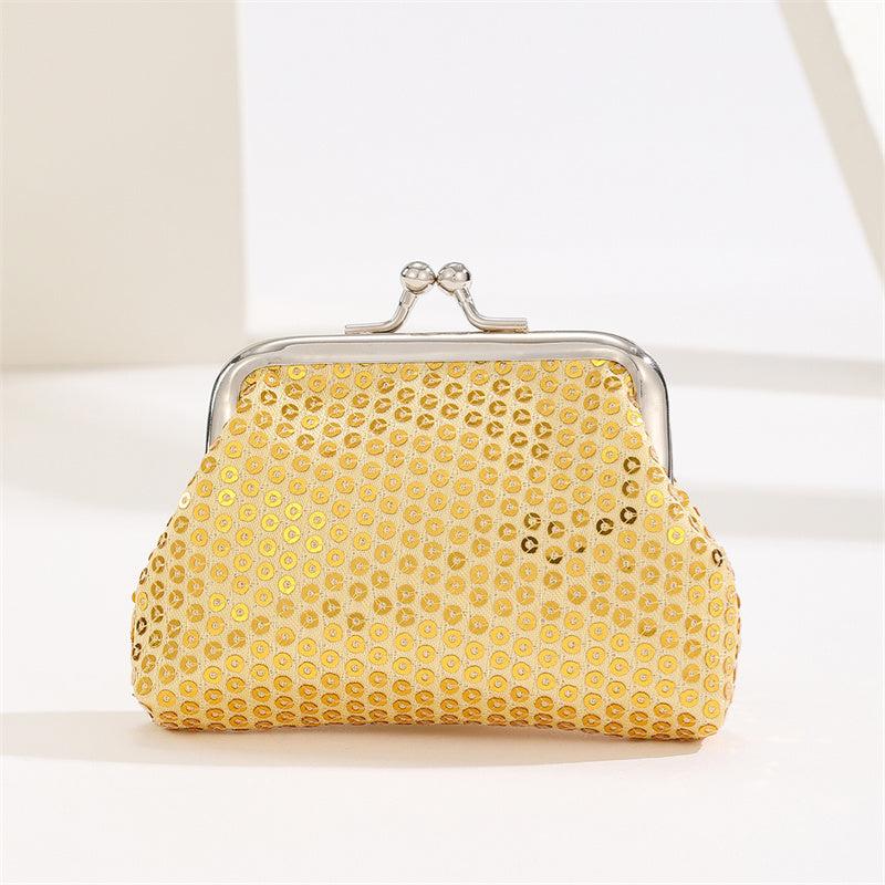 Sequin Kiss Lock Coin Purse Golden Fabric Bag