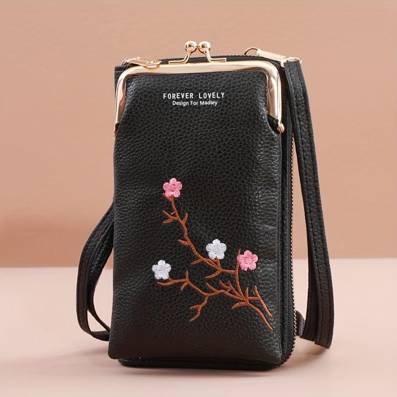 Flower Embroidery Phone Purse Vertical Crossbody Bag