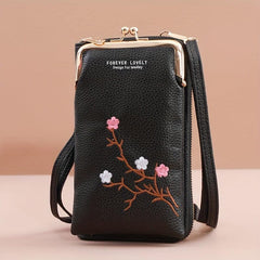 Flower Embroidery Phone Purse Vertical Crossbody Bag