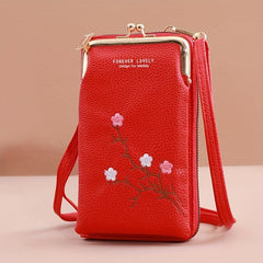 Flower Embroidery Phone Purse Vertical Crossbody Bag