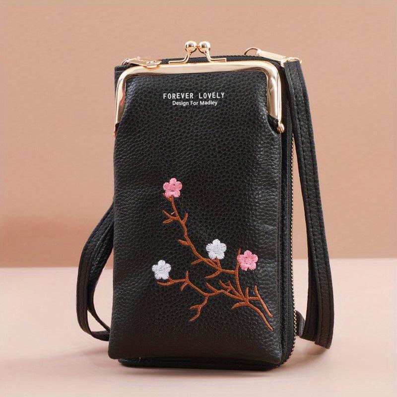 Flower Embroidery Phone Purse Vertical Crossbody Bag