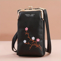 Flower Embroidery Phone Purse Vertical Crossbody Bag