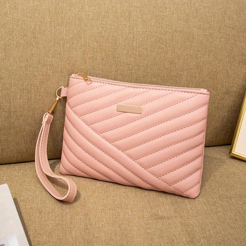 Quilted Wrist Bag PU Leather Clutch Purse Solid Handbag