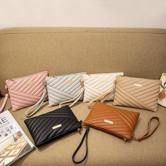 Quilted Wrist Bag PU Leather Clutch Purse Solid Handbag