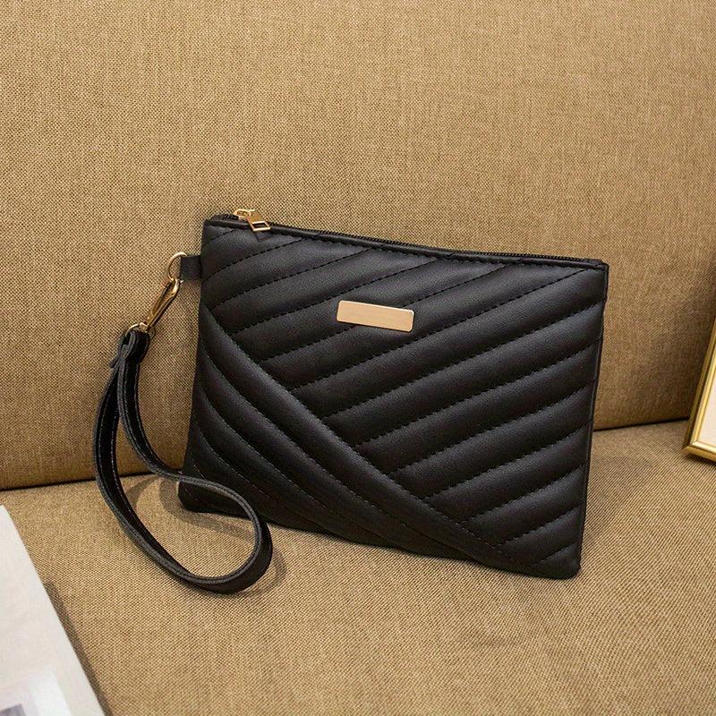 Quilted Wrist Bag PU Leather Clutch Purse Solid Handbag