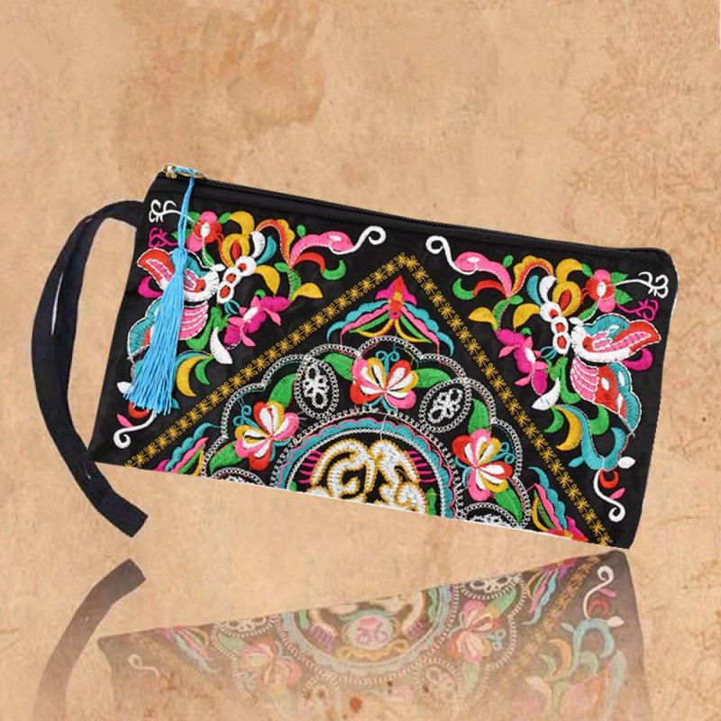 Vintage Embroidered Wallet Women's Zip Clutch Phone Case