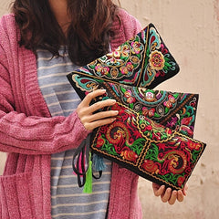 Vintage Embroidered Wallet Women's Zip Clutch Phone Case