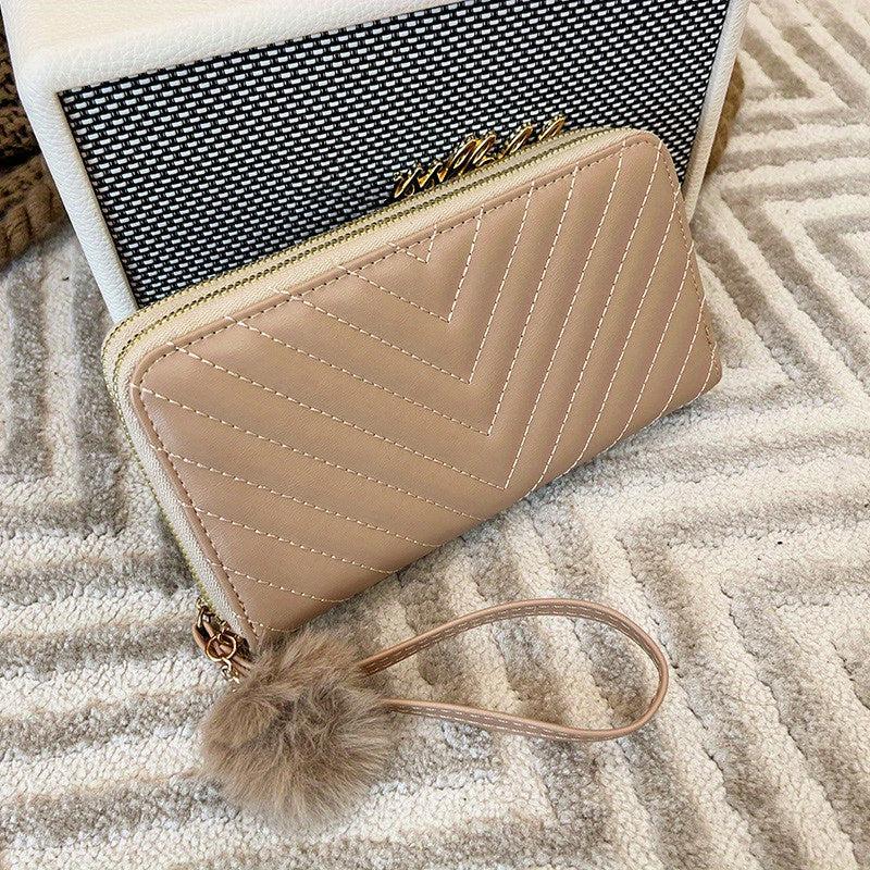 Long Wallet Clutch Bag Faux Leather Purse with Pom Pom Decor