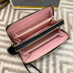 Long Wallet Clutch Bag Faux Leather Purse with Pom Pom Decor