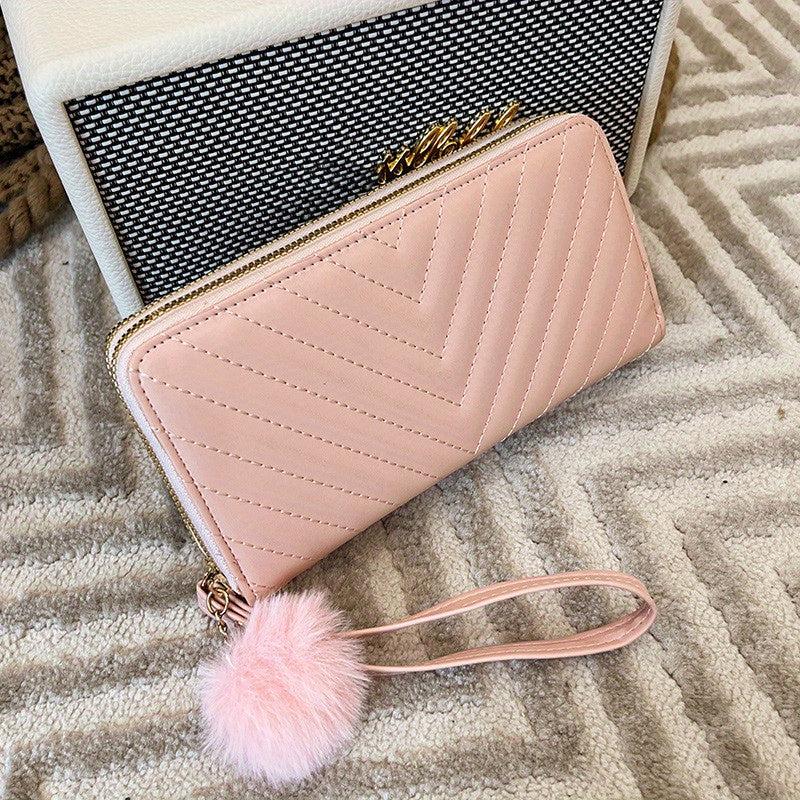 Long Wallet Clutch Bag Faux Leather Purse with Pom Pom Decor
