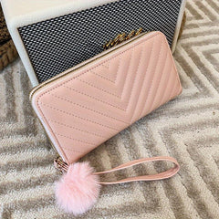 Long Wallet Clutch Bag Faux Leather Purse with Pom Pom Decor