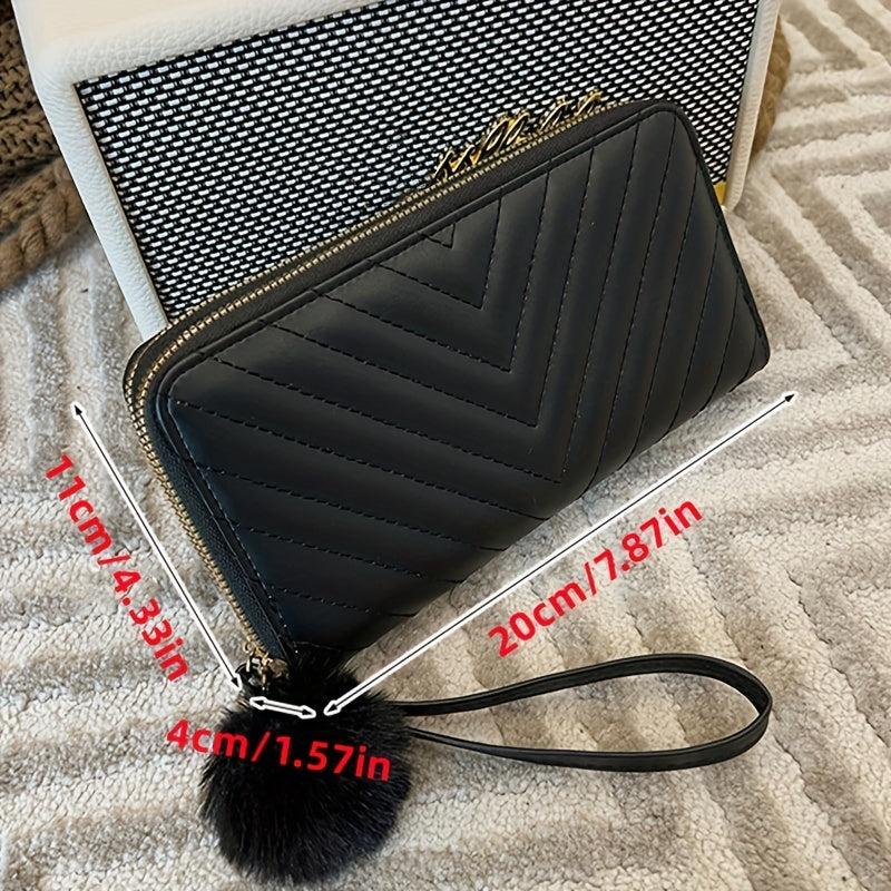 Long Wallet Clutch Bag Faux Leather Purse with Pom Pom Decor