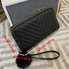 Long Wallet Clutch Bag Faux Leather Purse with Pom Pom Decor