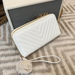Long Wallet Clutch Bag Faux Leather Purse with Pom Pom Decor