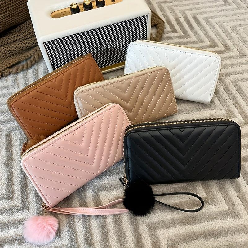 Long Wallet Clutch Bag Faux Leather Purse with Pom Pom Decor