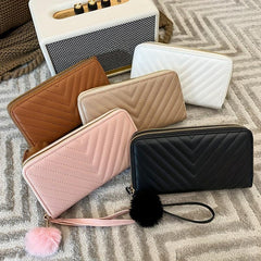 Long Wallet Clutch Bag Faux Leather Purse with Pom Pom Decor