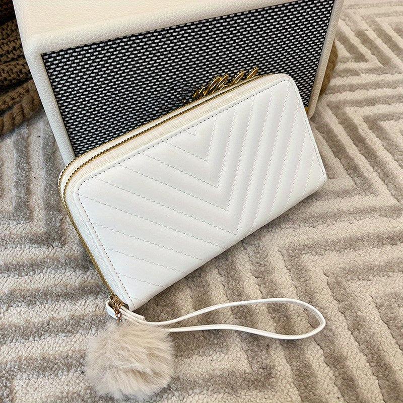 Long Wallet Clutch Bag Faux Leather Purse with Pom Pom Decor
