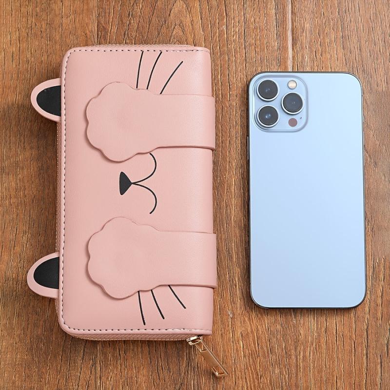 Cat Pattern Long Wallet Women's Faux Leather Card Slots & Zipper Pocket
