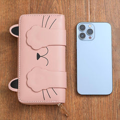 Cat Pattern Long Wallet Women's Faux Leather Card Slots & Zipper Pocket